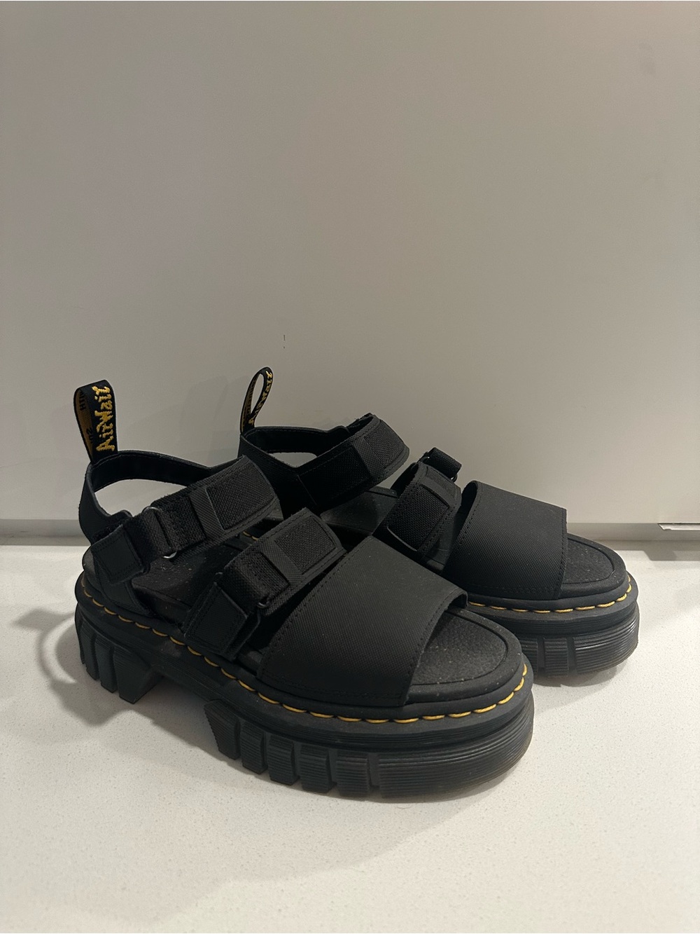Dr. Martens Black Platform Strap Sandals with Yellow Stitching